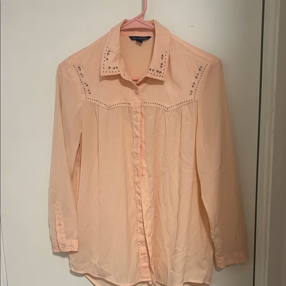 American Eagle Outfitters Light Peach Button-Down Shirt
